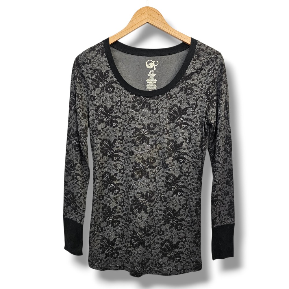 Y2K OP Womens Top‎ L Black Gray Floral Lace Scoop Neck Whimsigoth Grunge Goth